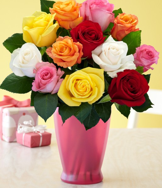 One Dozen Long Stemmed Vibrant Birthday Roses - Flowers